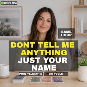 May include: A person with long brown hair sits behind a wooden table with three tarot cards and a deck of cards. Text overlays read: Online Now, SAME HOUR, DONT TELL ME ANYTHING JUST YOUR NAME, PURE TELEPATHY, and NO TOOLS. A white mug and plant are visible.