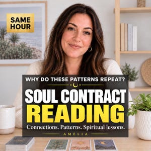 May include: A digital graphic overlay with the text: WHY DO THESE PATTERNS REPEAT? SOUL CONTRACT READING. Connections. Patterns. Spiritual lessons. AMELIA. A gold box in the corner reads SAME HOUR. The background shows a person and tarot cards.