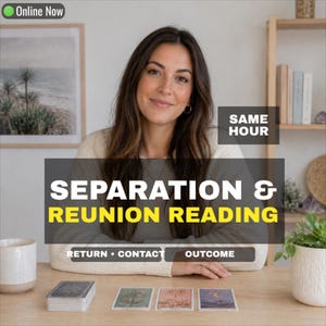 May include: A person with long brown hair wearing a beige sweater sits at a wooden table with a deck of cards and three tarot cards laid out. Text overlays read Online Now, Same Hour, Separation & Reunion Reading, Return, Contact, Outcome.