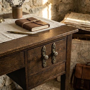 May include: A vintage-style wooden desk with two drawers, featuring ornate brass handles. A brown leather journal with a twine closure and a brass pen rest on the desk. A small vase with dried lavender sits nearby, suggesting a workspace.