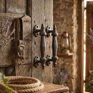 May include: Rustic wooden door with two ornate, dark metal handles. A leather strap with a brass buckle hangs from a nail. A coiled rope rests on a wooden surface, suggesting a farmhouse or cottage theme.