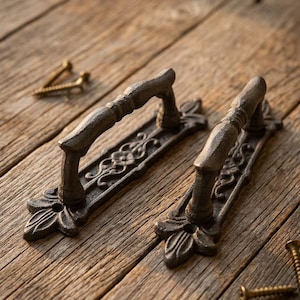 May include: Two dark brown cast iron door handles featuring an ornate floral relief pattern on the rectangular base plates. Each handle has a curved grip and a leaf-shaped end. Several small metal screws are included for installation purposes.