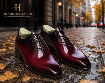 Men's Burgundy Patina Oxford Shoes, Handmade Leather Dress Shoes, Italian Style Business Footwear