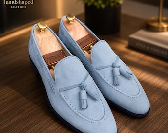 Luxury Sky Blue Suede Slip-On Loafers | Handmade Men's Dress Shoes | Smart Casual Footwear