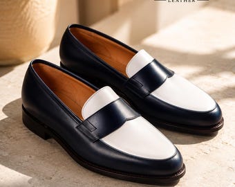 Men’s Navy Blue White Leather Penny Loafers | Genuine Leather Suede Dress Shoes