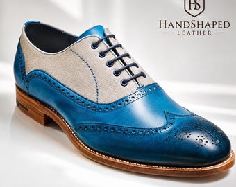 Handmade Blue & Beige Leather Oxford Brogue Shoes for Men | Genuine Leather Dress Shoe