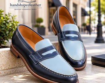 Men's Handmade Leather Penny Loafers, Navy Blue & Light Blue Dress Shoes