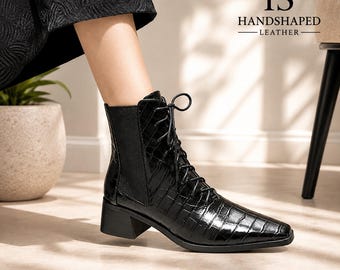 Black Ankle Boots | Leather Lace Up Boots | Chunky Heel Boot