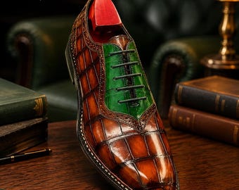 Brown Green Leather Oxford Shoes, Handmade Luxury Dress Shoes,Unique Business Shoe