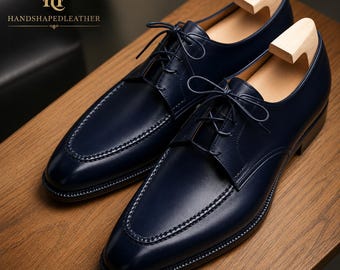 Navy Blue Handmade Leather Derby Shoes, Luxury Men's Dress Shoes