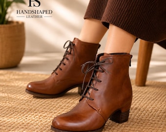 Women’s Brown Leather Lace Up Ankle Boots, Handmade Women’s boot