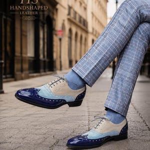 Men's Handmade Leather Oxford Brogues – Blue Cream Spectator Formal Shoes