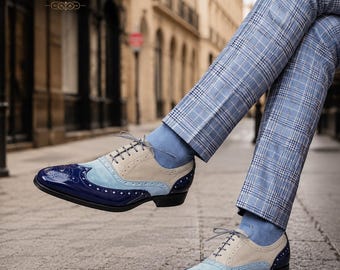 Men's Handmade Leather Oxford Brogues – Blue Cream Spectator Formal Shoes