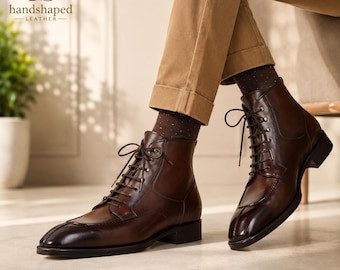 Handcrafted Brown Leather Boots | Luxury Men's Lace-Up Dress Boots | Business Casual Footwear