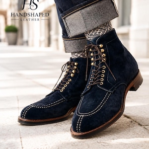 Men’s Navy Blue Suede Lace-Up Boots – Handmade Luxury Ankle Boots – Vintage Gentleman Dress Style