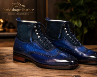 Luxury Blue Wingtip Boots – Handmade Leather & Suede Brogue Boots for Men