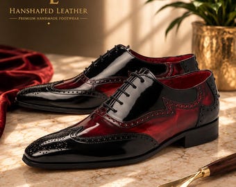 Luxusrote Patina Wingtip Oxford Schuhe, Handgefertigte Italienische Lederkleid Schuhe