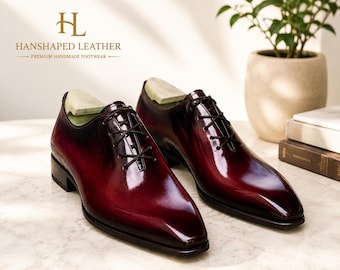 Men's Burgundy Patina Oxford Shoes, Handmade Leather Dress Shoes, Italian Style Business Footwear