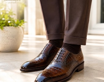 Handmade Brown  Embossed Oxford Shoes for Men | Luxury Leather Dress Shoes