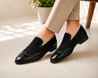 Handmade Men's Black Suede Patent Leather Loafers for Men | Handmade Brogue Dress Shoes