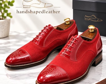 Handmade Red Leather Oxford Shoes, Brogue Cap Toe, Formal Men's Dress Shoes