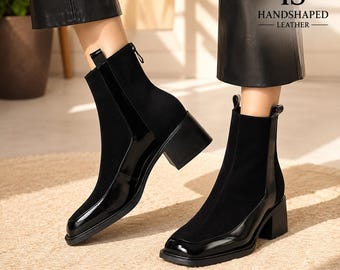 Black Leather Ankle Boots, Chunky Heel Boots, Handmade Women’s boot