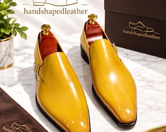 Handmade Yellow Leather Monk Strap Shoes, Men’s Gold Dress Shoes, Pointed Toe Formal Shoe