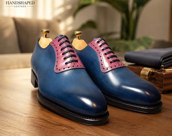 Handmade Blue Leather Oxford Dress Shoes for Men | Luxury Wedding & Business Formal Shoes