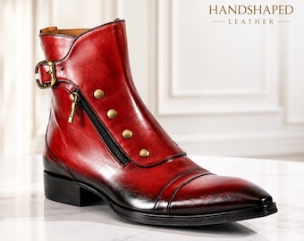 Handmade Burgundy Leather Ankle Boots for Men – Side Zip Dress Boots – Handcrafted Buckle Boot