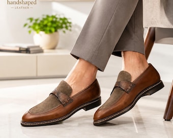 Handmade Brown Two Tone Penny Loafers for Men | Luxury Leather & Suede Dress Shoes