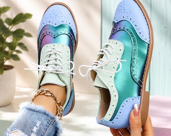 Women’s Blue Green Leather Brogue Shoes, Handmade Oxford Shoes, Colorful Wingtip Dress Shoe