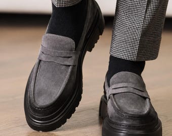 Men’s Grey Suede Penny Loafers – Handmade Casual Dress Shoes
