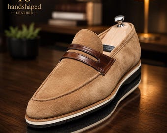Handcrafted Tan Suede Penny Loafers | Luxury Men's Formal Shoes | Custom Made