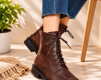 Handmade Leather Ankle Boots, Classic Brown Lace Up Boots, Women’s Dress Boot