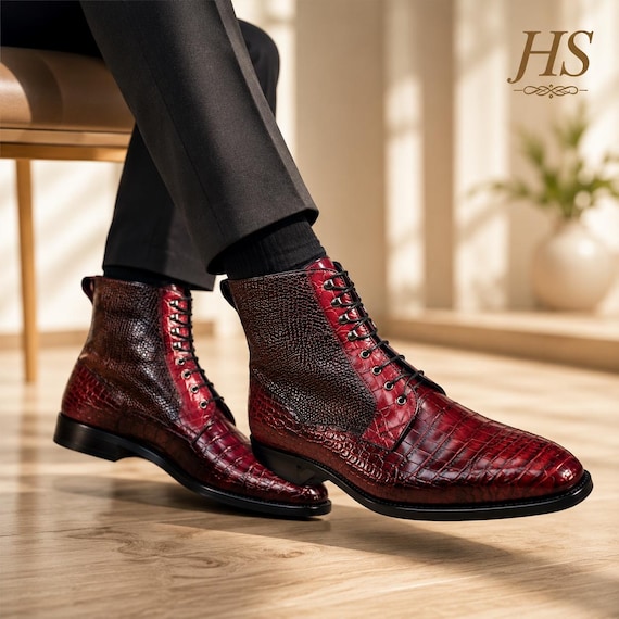 Men's Burgundy Leather Dress Boots – Handmade Luxury Lace-Up Ankle Boots