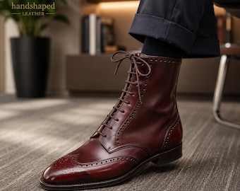 Luxury Handmade Men's Burgundy Leather Boots | Wingtip Lace-Up Dress Boots | Custom Made