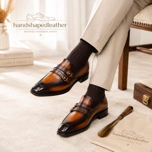 Men's Handmade Double Monk Strap Shoes | Custom Burnished Leather Dress Loafers