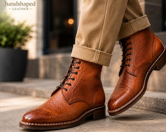 Handmade Cognac Leather Brogue Boots | Men's Oxford Lace-Up Dress Footwear