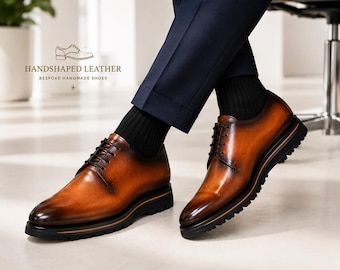 Men’s Brown Leather Derby Shoes – Handmade Luxury Formal Shoes – Elegant Business & Dress Style