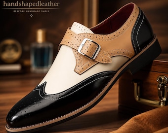 Men's Handmade Monk Strap Shoes – Luxury Two-Tone Leather Dress Shoes – Custom Made Formal Footwear