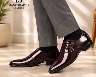 Burgundy Patent Leather Dress Shoes, Men’s Formal Lace Up Shoes, Elegant Wedding & Business Shoe