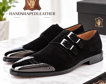 Handmade Black Leather Double Monk Strap Shoes, Men’s Dress Shoes,Patent Toe Cap Shoe