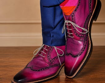 Handmade Magenta Patina Leather Brogue Oxfords – Men's Wingtip Dress Shoes