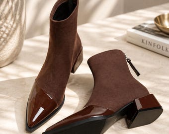Brown Suede Ankle Boots | Pointed Toe Leather Boots | Elegant Block Heel Boot