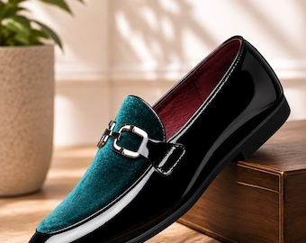Men’s Black Patent Leather Green Suede Loafers