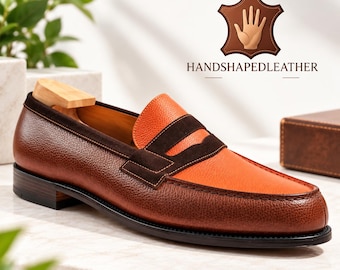 Handmade Leather Penny Loafers, Two Tone Brown & Orange Men’s Dress Shoes