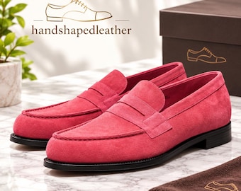 Handmade Pink Suede Penny Loafers, Men’s Leather Loafers, Casual Dress Shoes