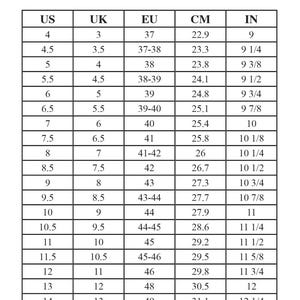 May include: A shoe size conversion chart for men, with US, UK, EU, CM, and IN measurements. The chart includes sizes from US 4 (22.9 cm, 9 in) to US 15 (31.7 cm, 12 1/2 in), providing a guide for shoe sizing.