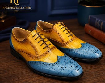 Yellow Blue Wingtip Brogue Shoes, Handmade Leather Dress Shoes,Unique Wedding and Business Shoe