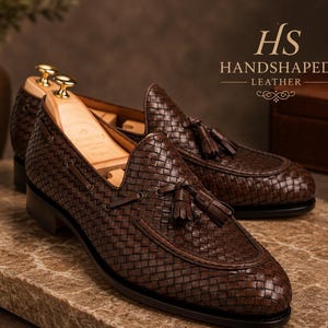 Vintage Woven Leather Penny Loafers Men\'s 9.5 D Made in Italy Taupe Shoes Moreschi Brown Penny Woven Leather Loafers Made In Italy  main image 4